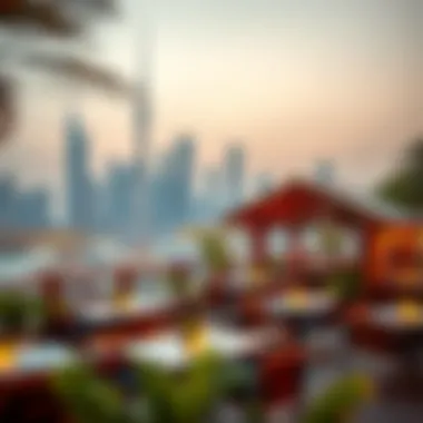 A vibrant outdoor view of a cabin restaurant set against Dubai's skyline