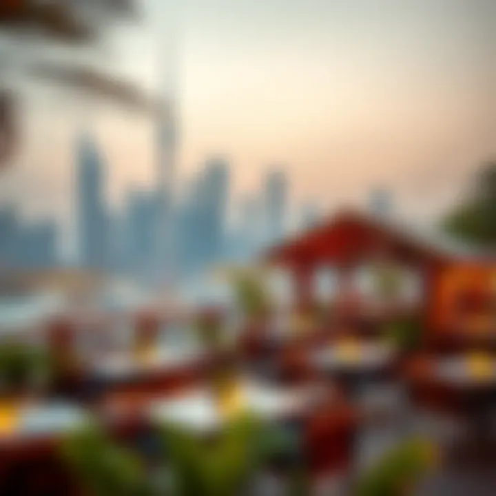 A vibrant outdoor view of a cabin restaurant set against Dubai's skyline