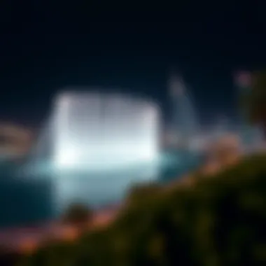 Panoramic View of the Dubai Fountain and Skyline A panoramic view of the Dubai Fountain with the skyline in the background