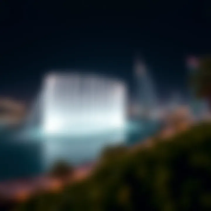 Panoramic View of the Dubai Fountain and Skyline A panoramic view of the Dubai Fountain with the skyline in the background