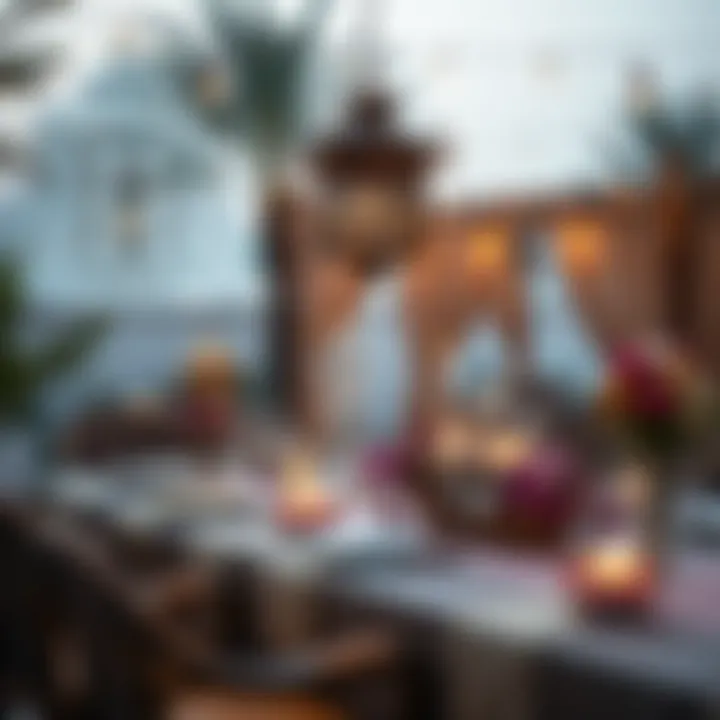 Opulent Ramadan Dining Experience A luxurious outdoor dining setup adorned with Ramadan-themed decor.