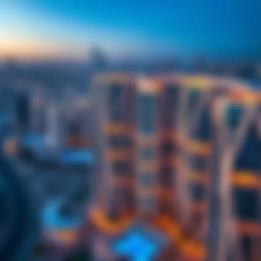 Aerial view of Rashidiya Towers showcasing their unique architectural design