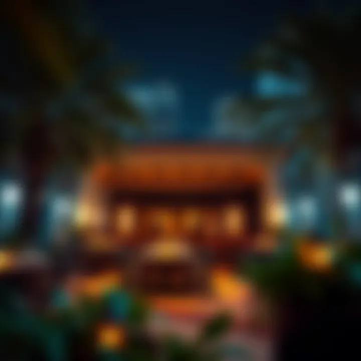 Cozy outdoor dining area illuminated at night