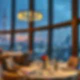 Elegant dining setup with city skyline view