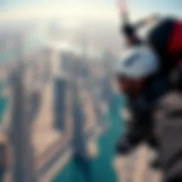 A breathtaking aerial view of Dubai's skyline during a skydive