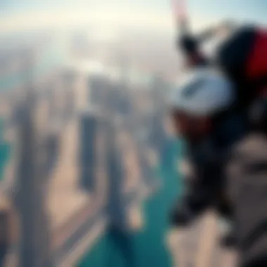 Aerial View of Dubai's Iconic Skyline A breathtaking aerial view of Dubai's skyline during a skydive