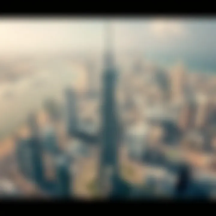 Aerial View of Dubai's Architectural Icon Aerial view showcasing the impressive height of Dubai's tallest tower surrounded by the cityscape.