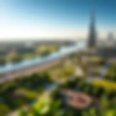 Aerial view of the beautifully landscaped كورنيش الممزر highlighting its lush greenery and waterfront.