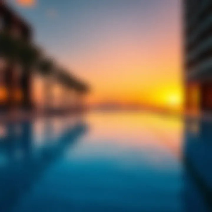 Rooftop Pool at Sunset Elegant rooftop pool with sunset backdrop