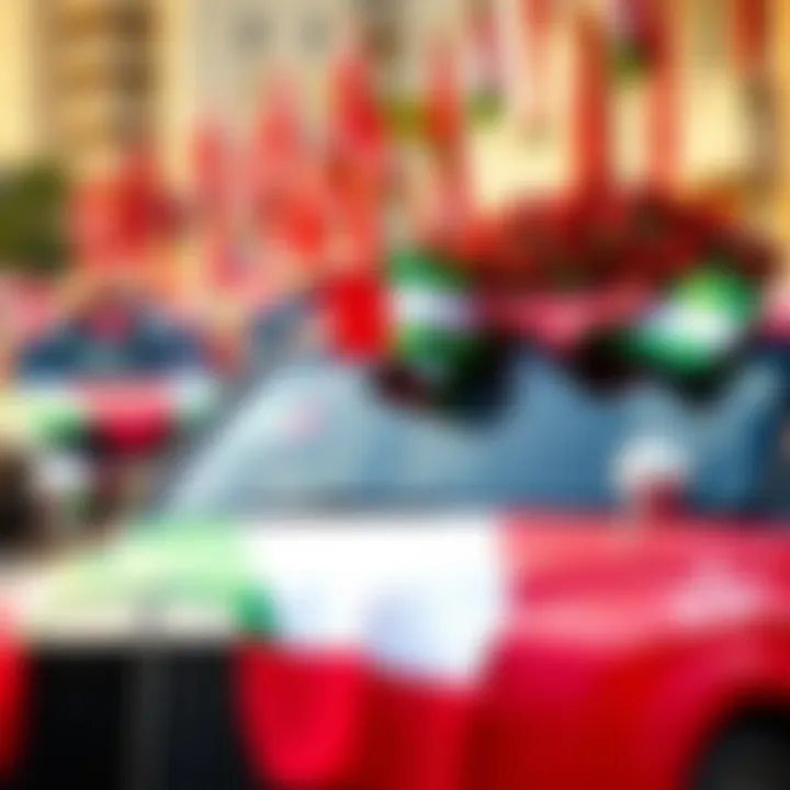 Decorated Car in National Day Parade A beautifully decorated car adorned with UAE flags cruising in a festive parade