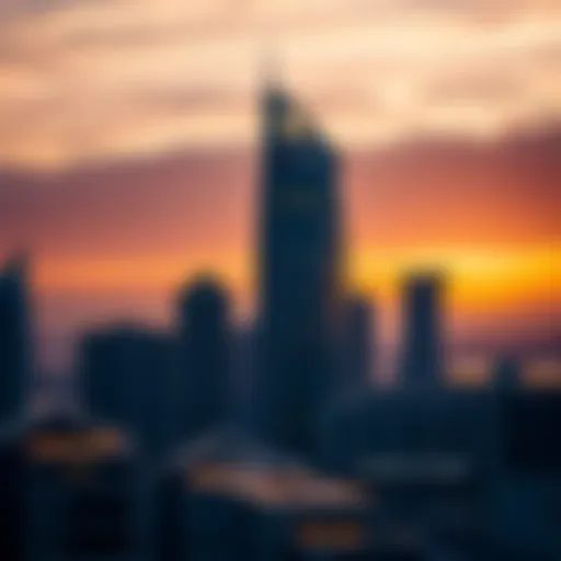 Stunning view of Al Nahda Tower against a sunset backdrop
