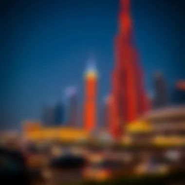 Dubai Skyline in Celebration Iconic Dubai skyline decorated for a public holiday