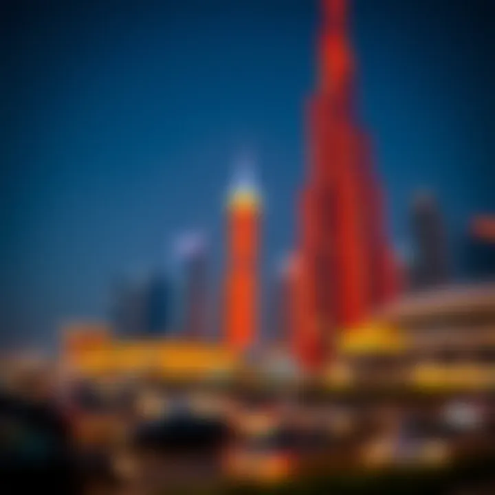 Dubai Skyline in Celebration Iconic Dubai skyline decorated for a public holiday