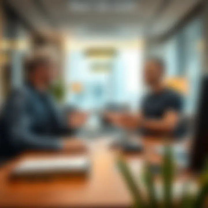 Visual representation of landlord and tenant discussing terms in a professional office