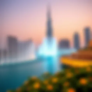 A panoramic shot showcasing the Dubai Fountain with the Burj Khalifa in the background