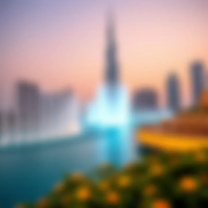 A panoramic shot showcasing the Dubai Fountain with the Burj Khalifa in the background
