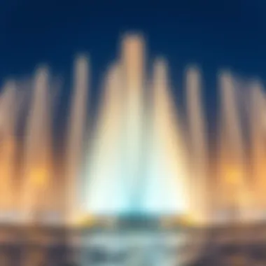 A close-up of the water jets of Dubai Fountain synchronized with music